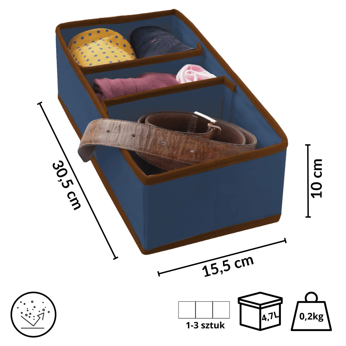 Schubladen-Organizer Blau, 3 Fächer, 30,5 × 15,5 × 10 cm — zdjęcie 2 z 8