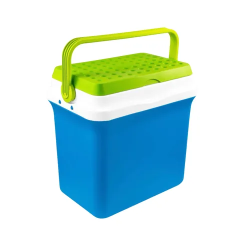 Kühlbox 29,5 l KAMAI FIESTA für Kühlakkus, Hellblau mit grünem Deckel und Griff