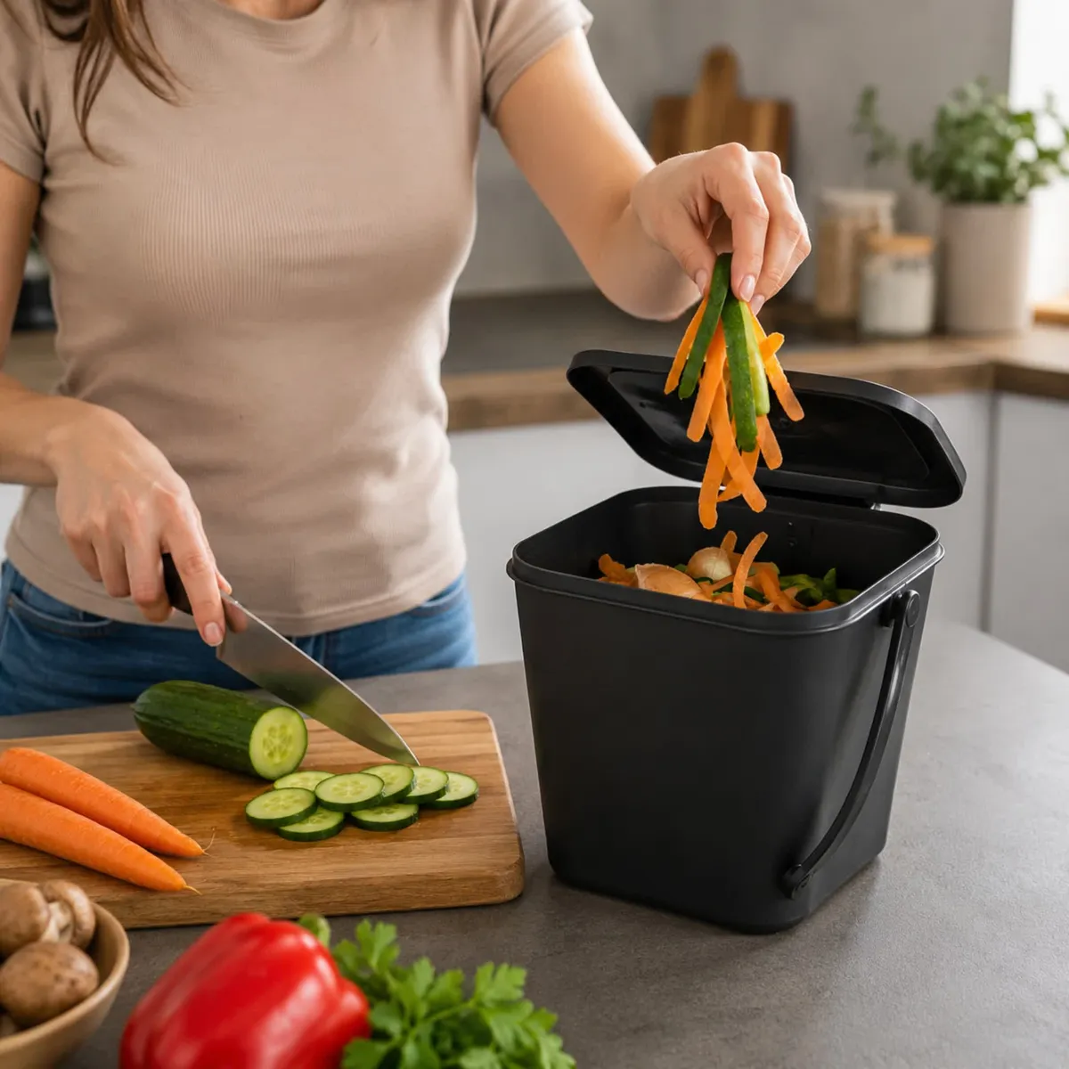 Food waste caddy 6 l, airtight, with handle, anthracite — zdjęcie 8 z 8