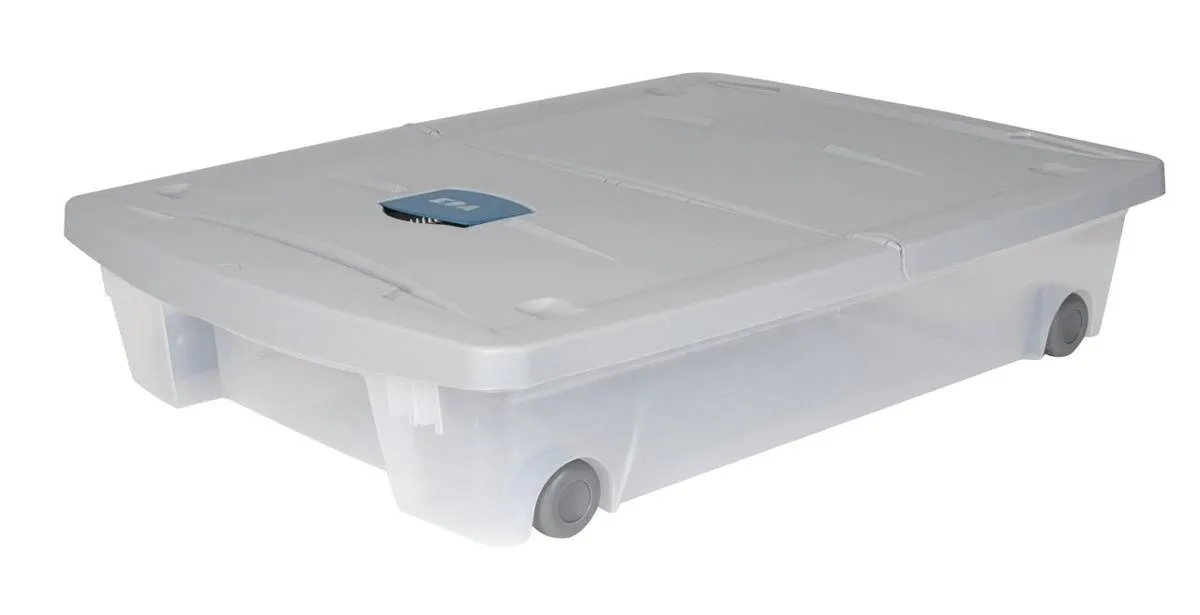Under-bed plastic storage box 50 l with wheels and lid, light grey — zdjęcie 4 z 8