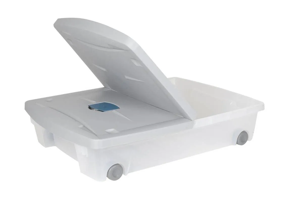 Under-bed plastic storage box 50 l with wheels and lid, light grey — zdjęcie 5 z 8