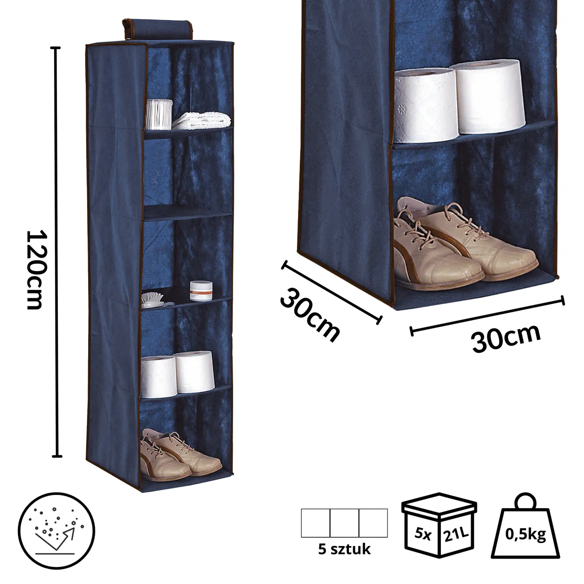 Niebieski wiszący organizer do szafy 5 przegród 30X30X120cm — zdjęcie 2 z 8