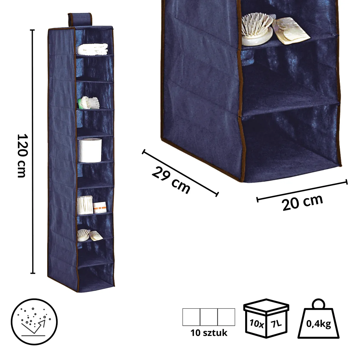 Hängeorganizer für den Schrank Blau, 10 Fächer, 20 × 29 × 120 cm — zdjęcie 2 z 8