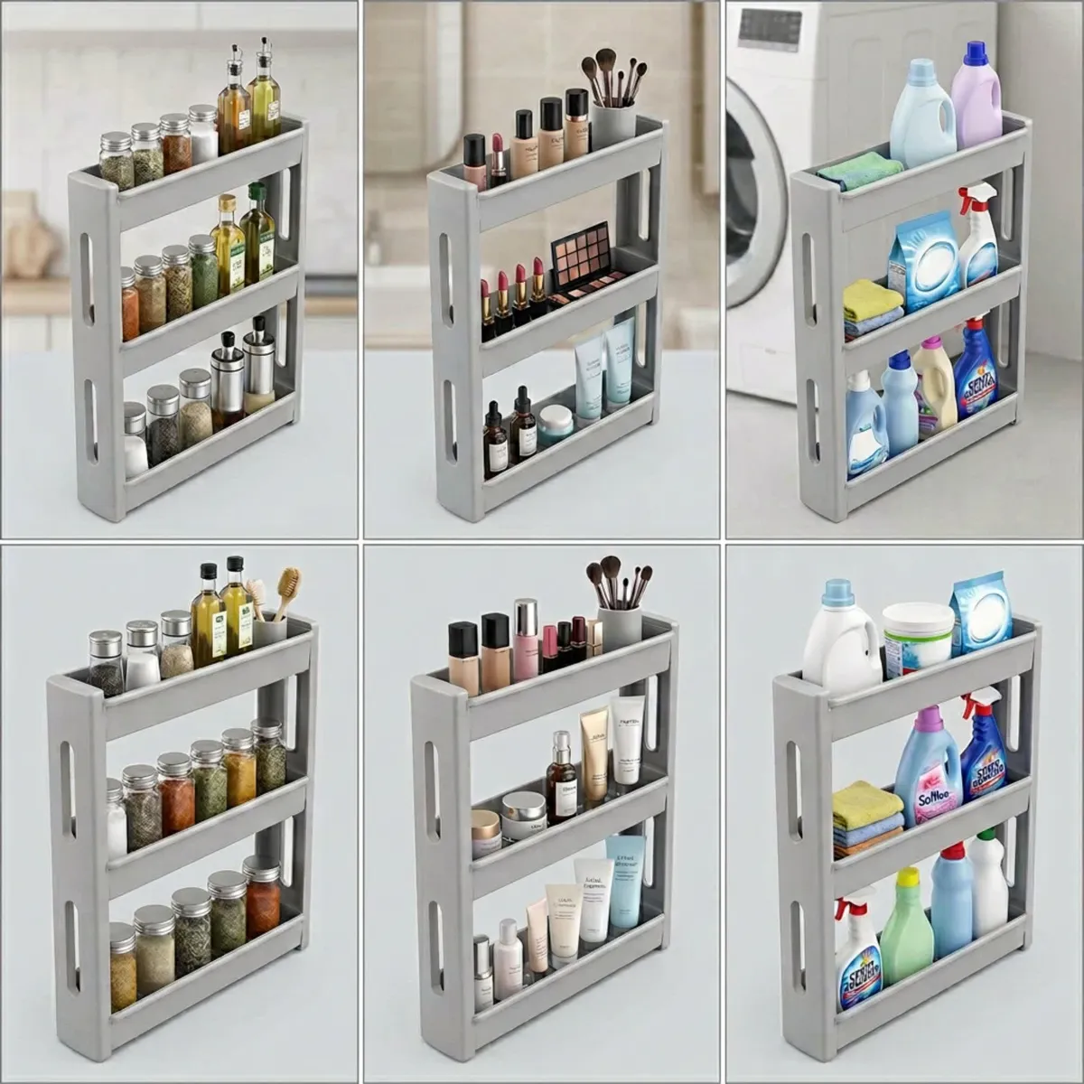 Slim shelving unit on wheels, 3 shelves, 55.2 × 12 × 70.5 cm, white — zdjęcie 5 z 8