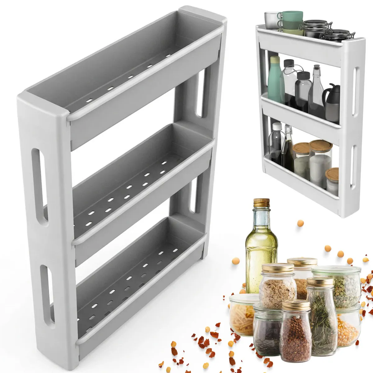 Slim shelving unit on wheels, 3 shelves, 55.2 × 12 × 70.5 cm, white — zdjęcie 8 z 8