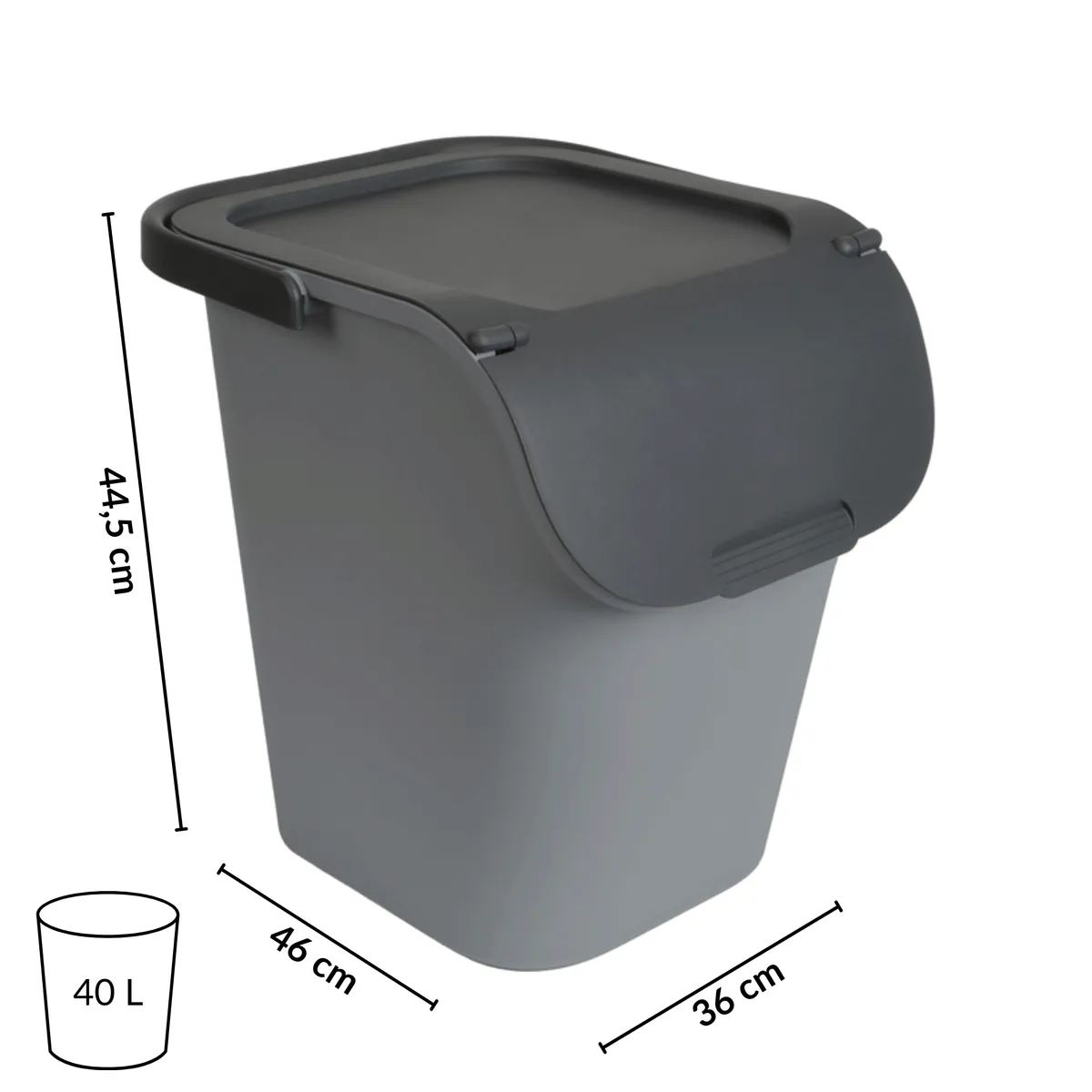 Recycling bin 40 l, rectangular, with lid, handles and labels, grey — zdjęcie 2 z 8