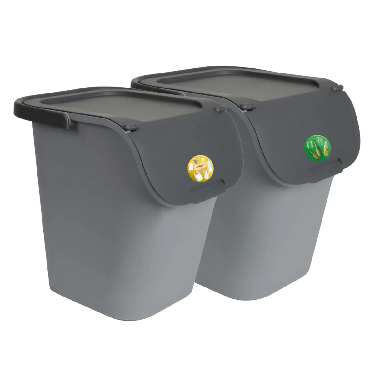 Recycling bin 40 l, rectangular, with lid, handles and labels, grey — zdjęcie 7 z 8