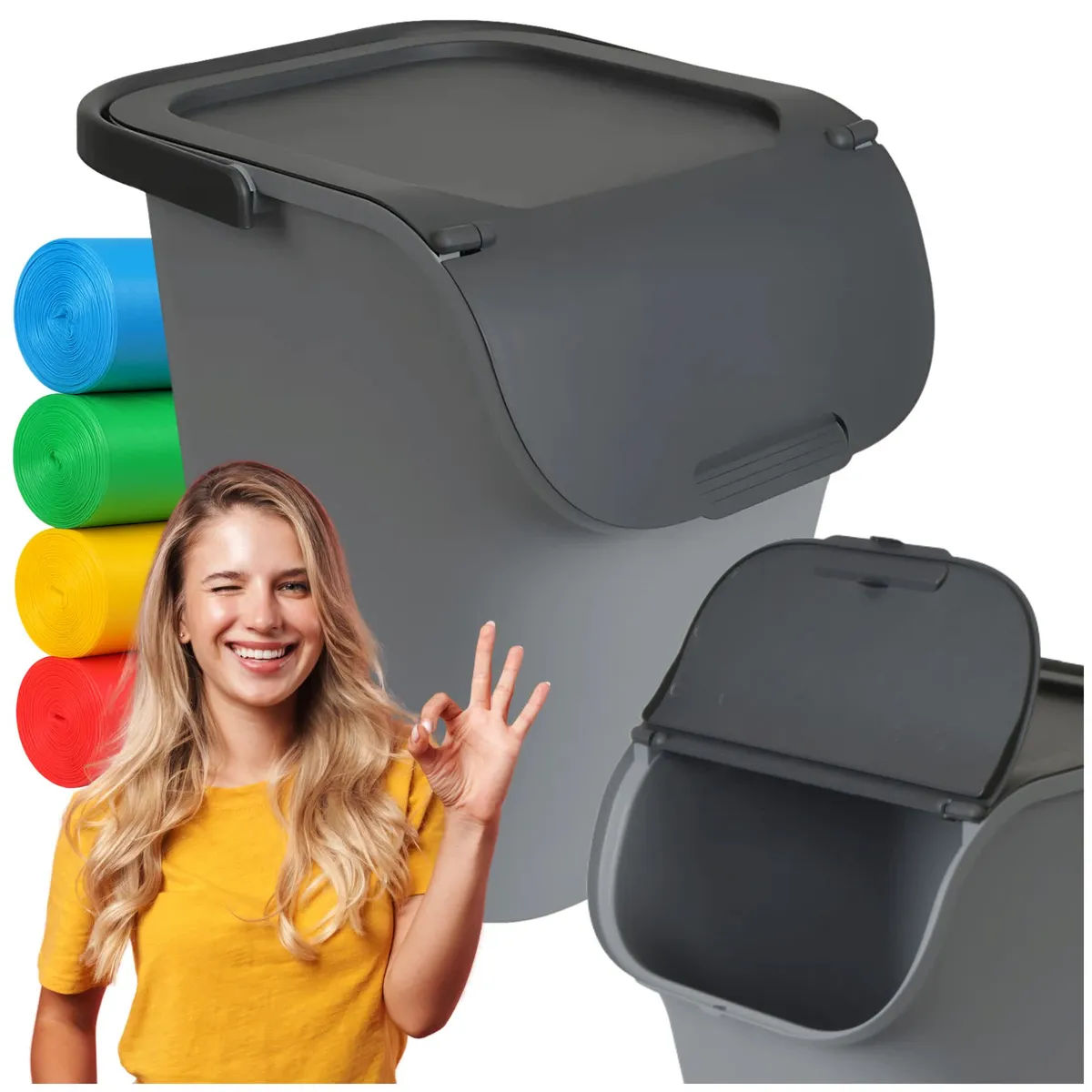 Recycling bin 40 l, rectangular, with lid, handles and labels, grey — zdjęcie 8 z 8