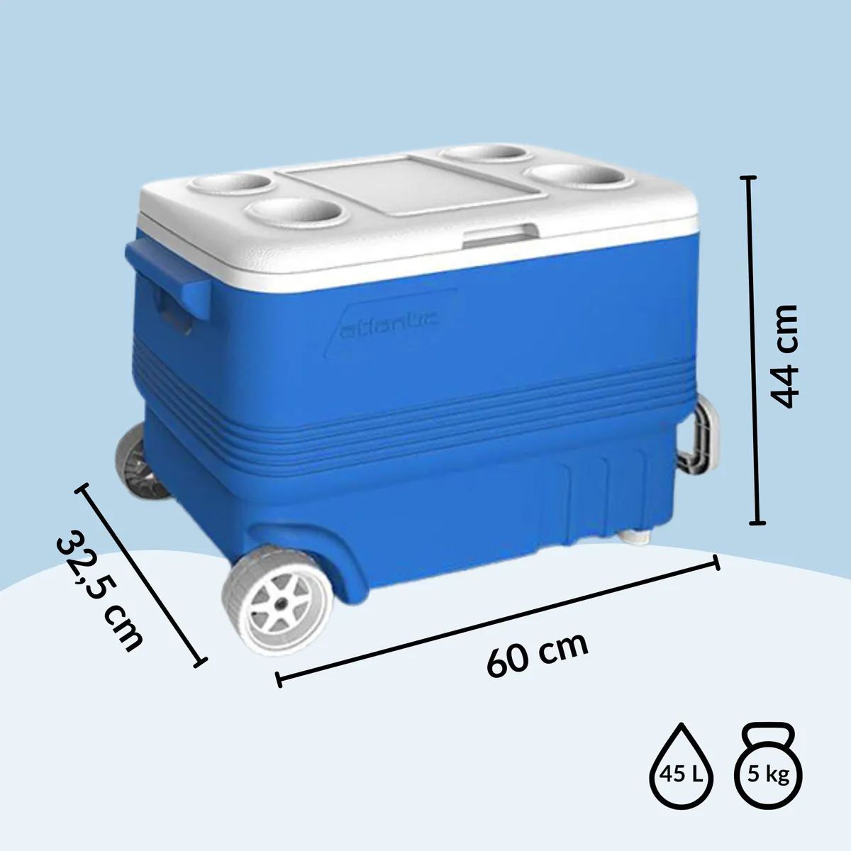Kühlbox 45 l mit Rollen Kamai Coolbox, passiv, für Kühlakkus, Blau mit weißem Griff — zdjęcie 8 z 8